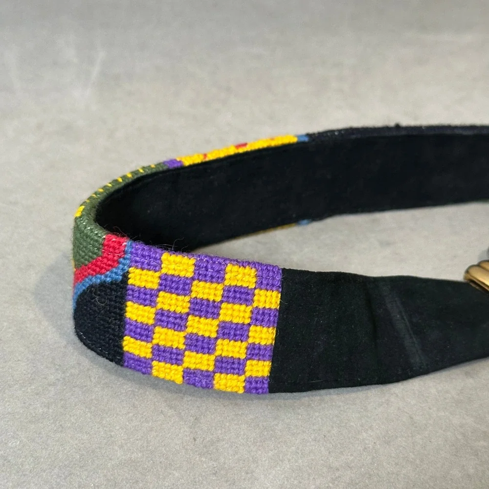 Vintage Needlepoint‎ Belt Mixed Metal Buckle Multi Color Geometric Suede Backed
